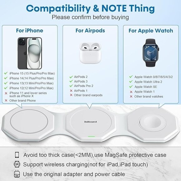 3 in 1 Wireless  iPhone Charger MagSafe Foldable 18W Fast Charging Station NOB - Picture 2 of 8